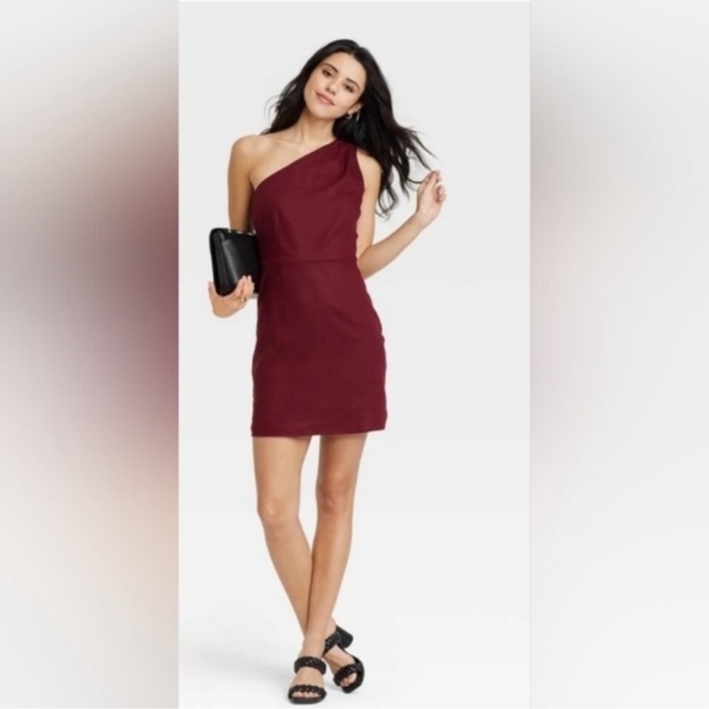A New Day linen dress maroon colorway asymmetric strap cinched waist side zip L